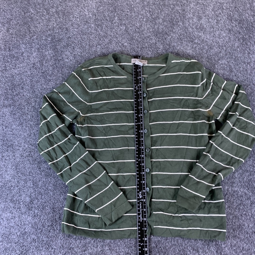 Eddie Bauer Cardigan Sweater Womens Medium Olive Green White Stripe Button Front - Picture 4 of 10